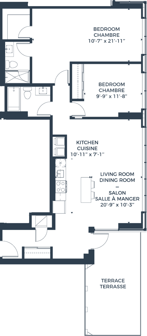 Floor plan for 2 beds, 2 baths, 1223 sqft